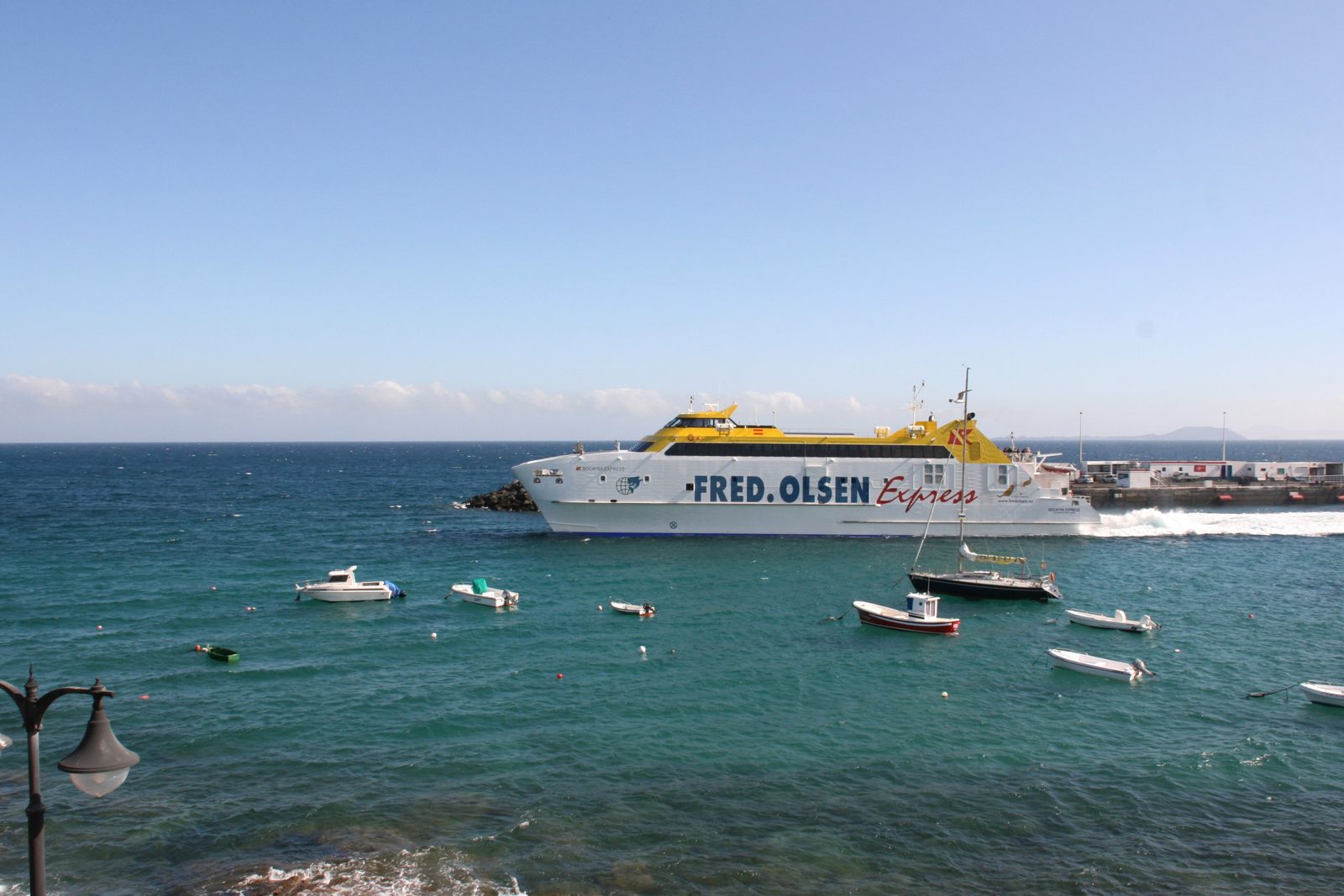 Fred Olsen Express catamaran Bocayna Express in the port of Playa Blanca, Lanzarote